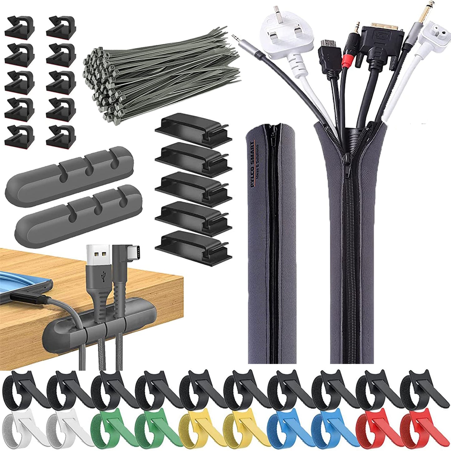 235Pcs Cable Management Kit, 2 Cable Sleeve Large, 2 Silicone Cable Holder, 36 Cable Organizer Straps, 10+5 Cord Clips, 180 Wire Organiser Cable Ties for Under Desk Home Office TV Computer Cables