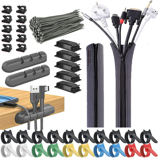 235Pcs Cable Management Kit, 2 Cable Sleeve Large, 2 Silicone Cable Holder, 36 Cable Organizer Straps, 10+5 Cord Clips, 180 Wire Organiser Cable Ties for Under Desk Home Office TV Computer Cables