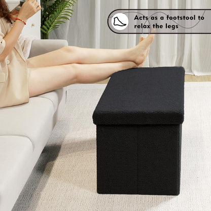 PINPLUS Storage Ottoman Foot Rest Stool, White Folding Sherpa Ottoman, Ottoman with Storage, Teddy Velvet Ottoman for Living Room, Bedroom, Dorm, 16.5" x 12.6" x 12.6"