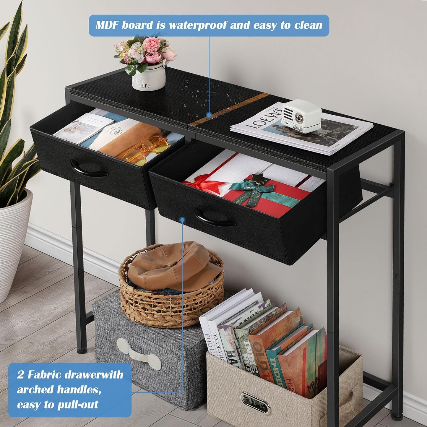 Black Console Table with Drawers Modern Entryway Table, 33.5" Narrow Sofa Table with Storage Small Hallway Table for Living Room Bedroom Entrance Foyer, Metal Frame