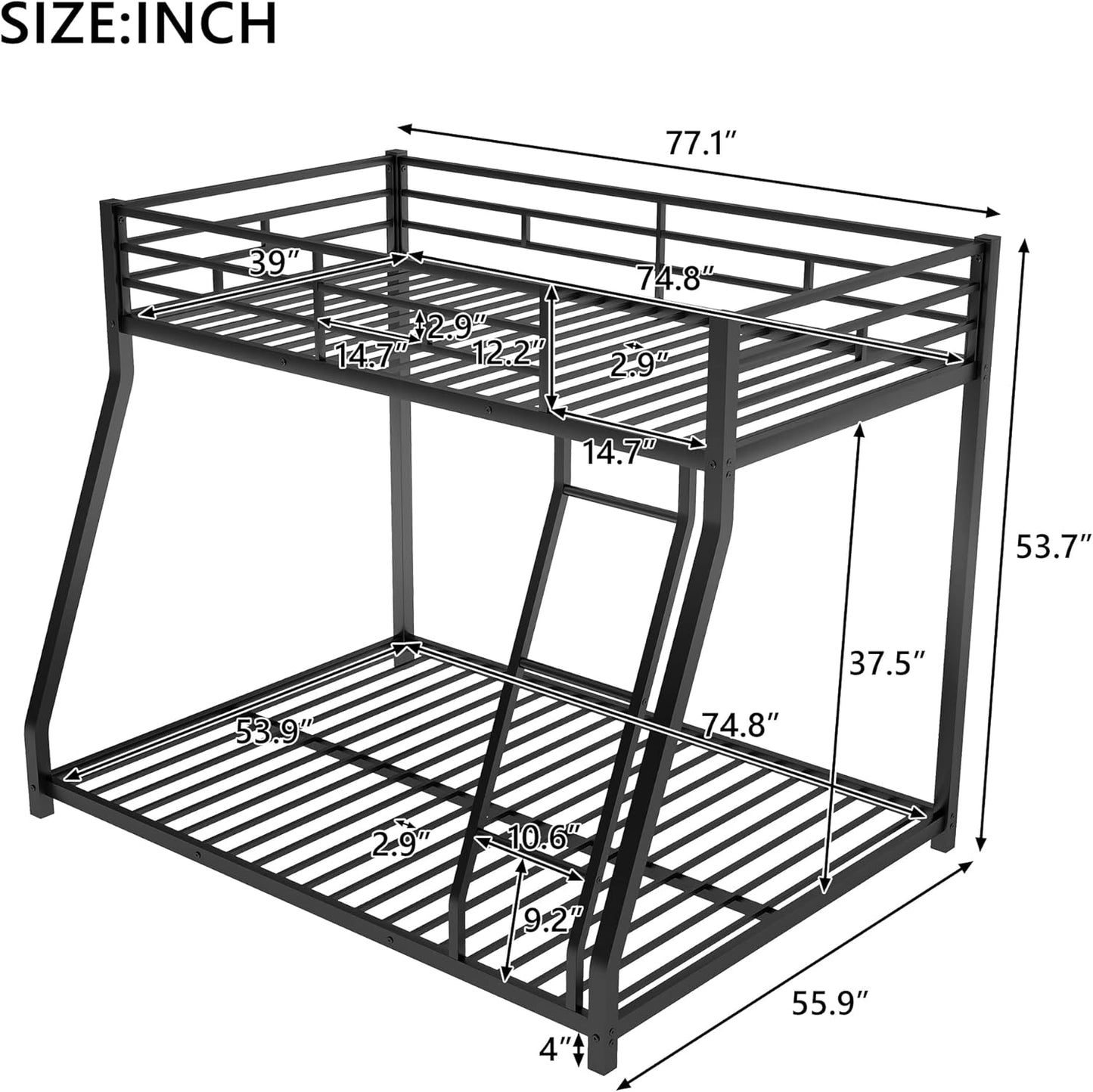 Bellemave Bunk Bed Full Over Queen, Heavy Duty Metal Bunk Bed Frame, Queen bunk Bed for Adults, Adult bunk beds Heavy Duty, Full XL Bunk Bed, Black