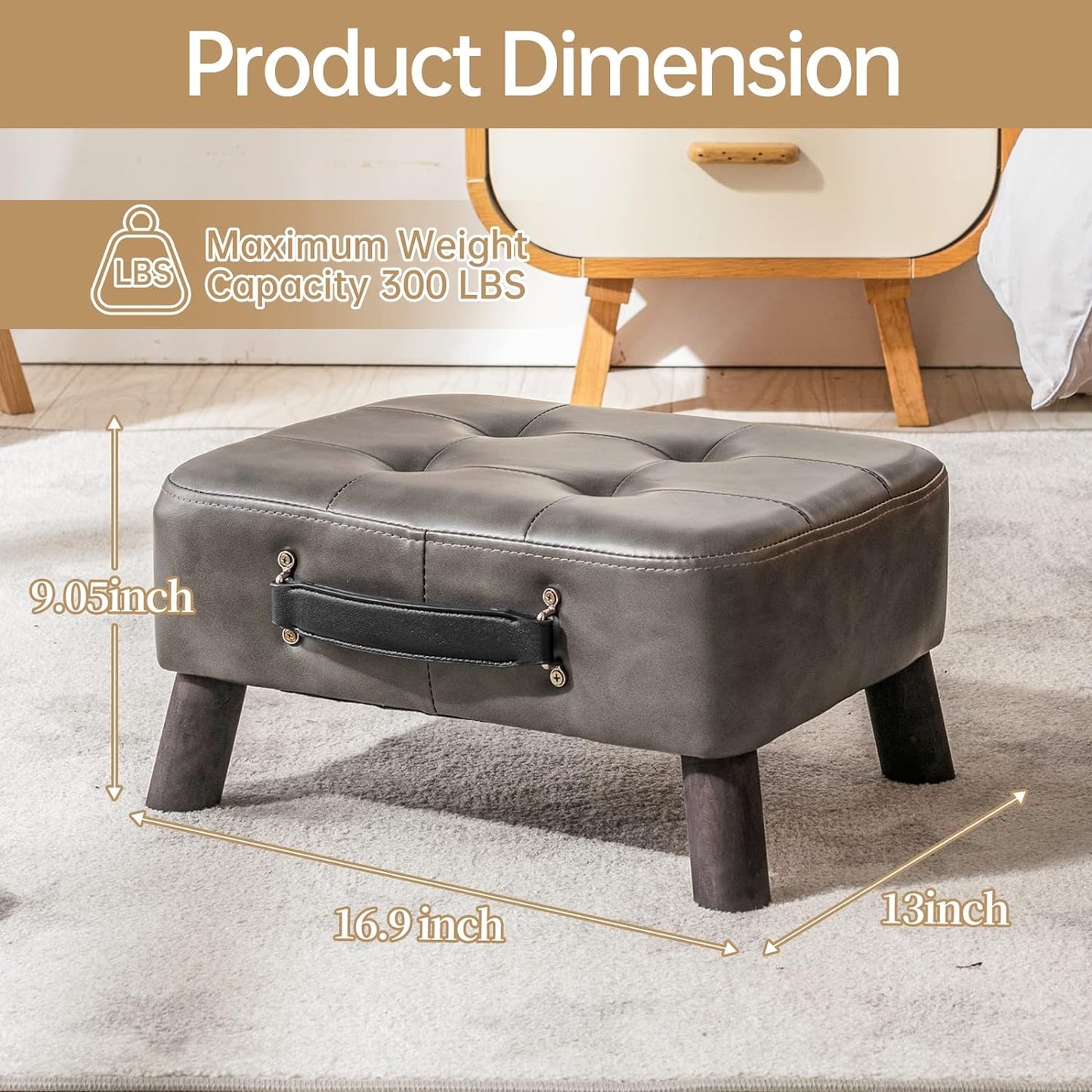 Small foot stool ottoman, Beige PU leather rectangle ottoman footrest, bedside step stool with wood legs, small Rectangular stool, foot rest for couch, small ottoman for desk, living room, bedroom