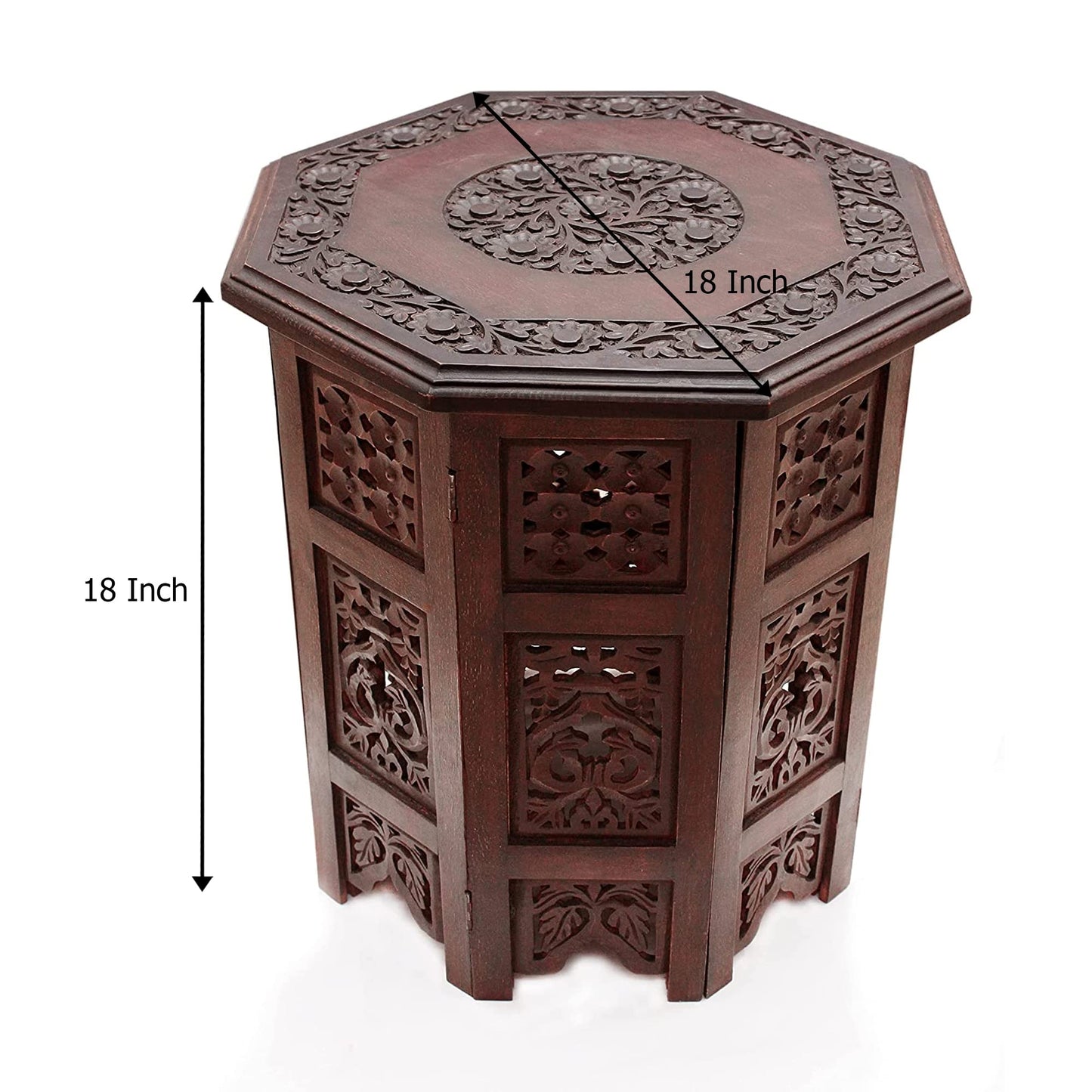 COTTON CRAFT Solid Wood Accent End Table - Hand Carved Vintage Boho Folding Side Table - Small Spaces Entryway Farmhouse Living Room Bedside - No Tools Assembly -18x18 Round - Jaipur Antique Brown