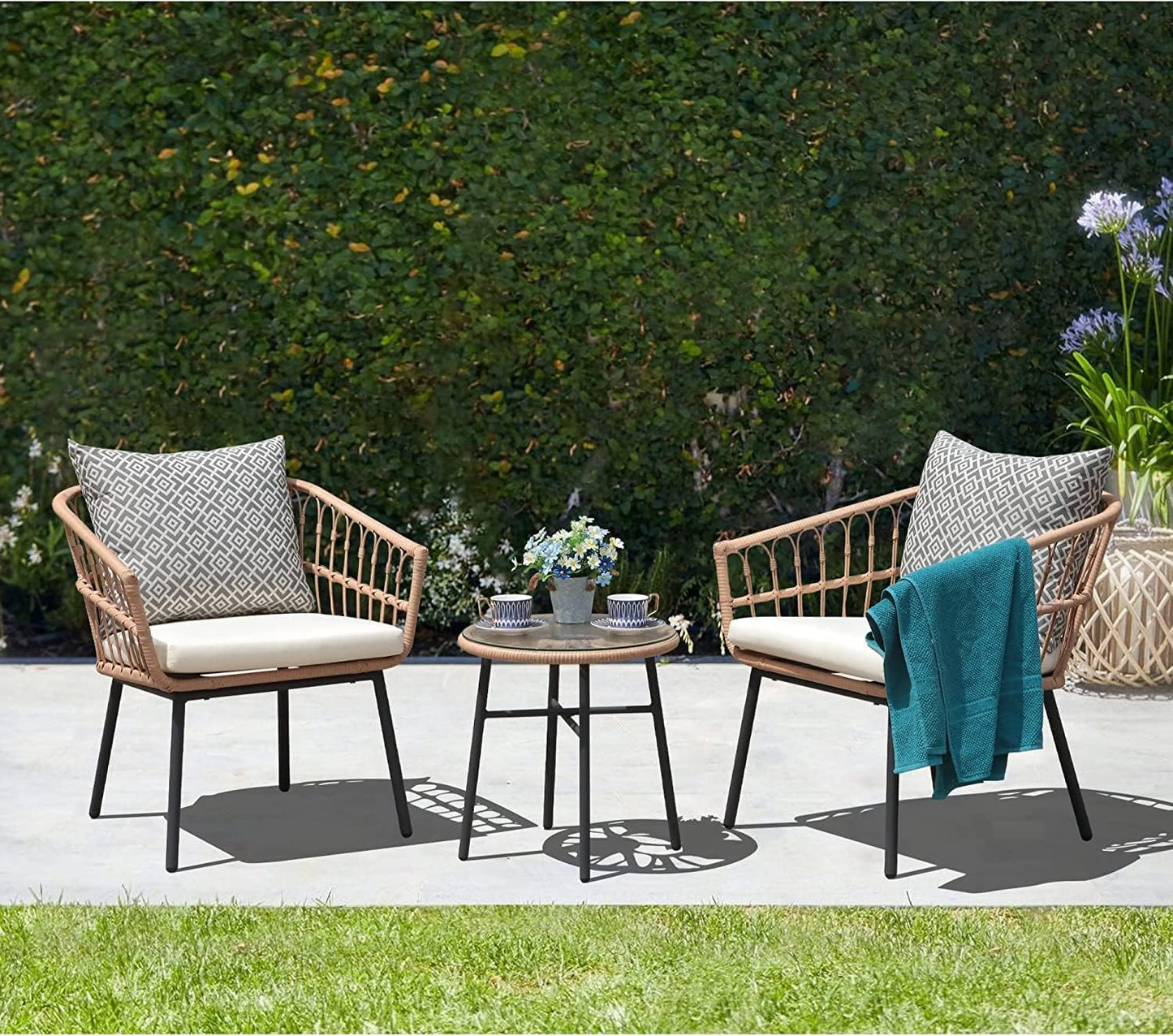 Wonder Comfort 3 Piece All-Weather Patio Bistro Set with Tempered Coffee Table and Wicker Chairs for Garden, Balcony, Backyard, Yard, and Poolside, Nature with Grey Cushions