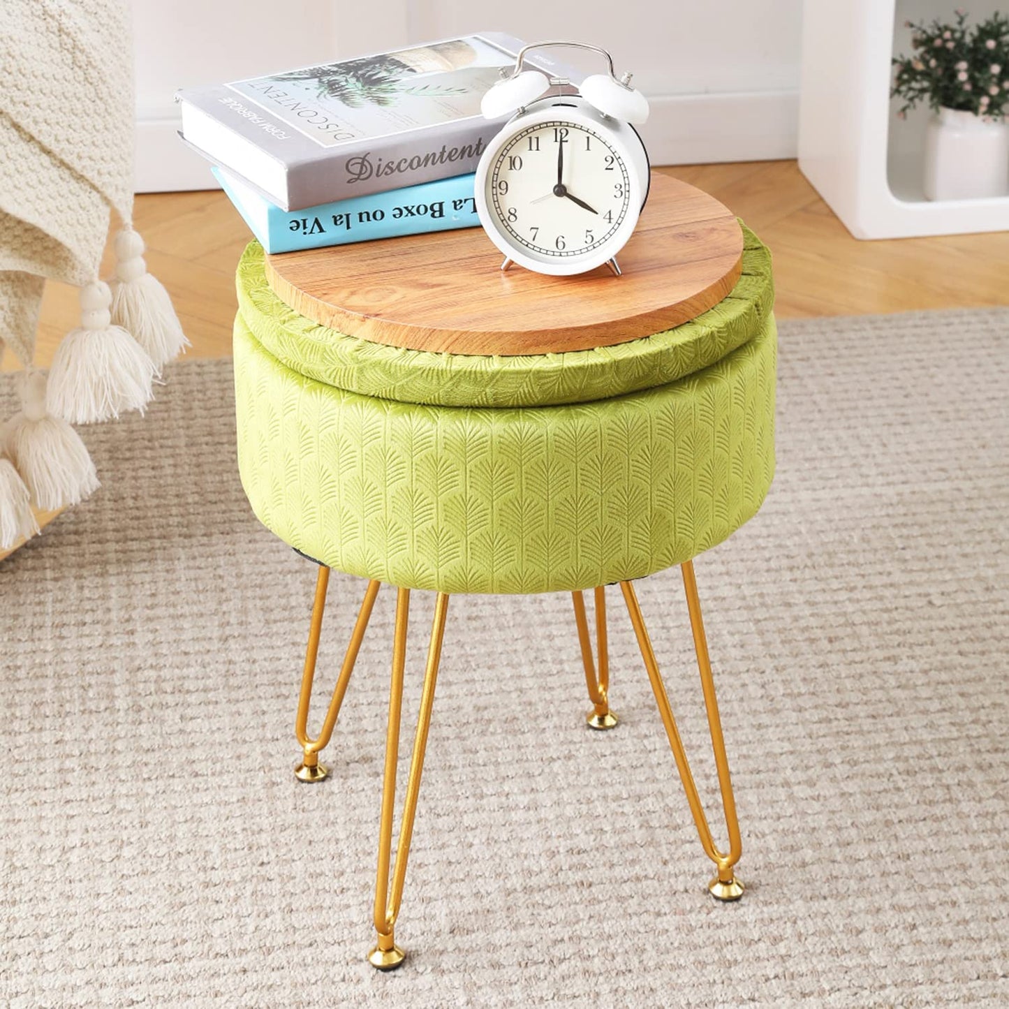 Cpintltr Footrest Footstools Round Velvet Ottoman with Storage Space Soft Vanity Chair with Memory Foam Seat Small Side Table Hallway Step Stool 4 Gold Metal Legs with Adjustable Footings Champagne