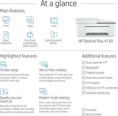 Hp Deskjet Plus 4120 All-In-One Printer, Wireless, Print, Copy, Scan & Send Mobile Fax - White