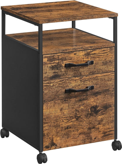 VASAGLE File Cabinet, Mobile Filing Cabinet with Wheels, 2 Drawers, Open Shelf, for A4, Letter Size, Hanging File Folders, Rustic Brown and Black UOFC71X