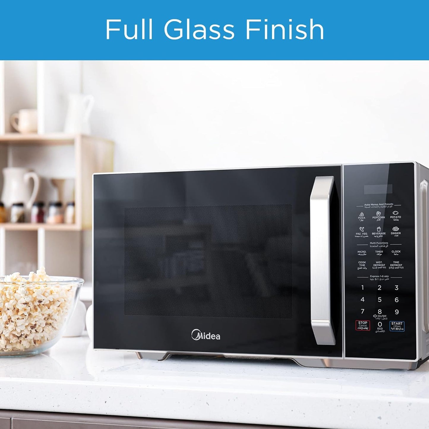 Midea 29L 2-in-1 Microwave Oven with Grill, Digital Touch Control, Child-Safety-Lock, 11 Pre-programmed Menus, LED Display, Grilling Roasting & Cooking Functions, Full Glass Finish - EG9P032MX