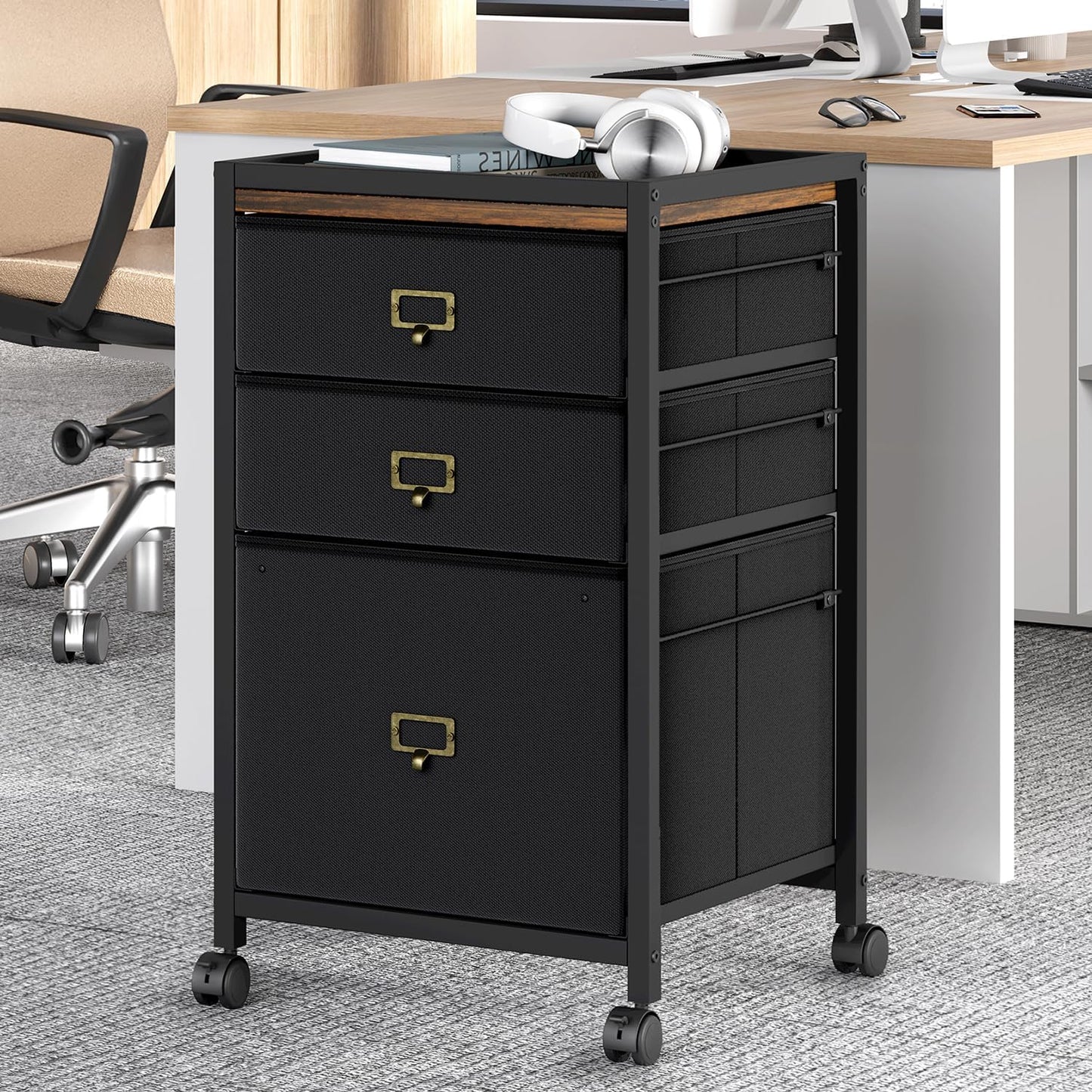 GAOMON File Cabinet, Filing Cabinet with 4 Drawer, Mobile File Cabinet Fits Letter Size or A4, Fabric Vertical File Cabinet on Wheels, Home Office Small Under Desk Storage Cabinet, Black