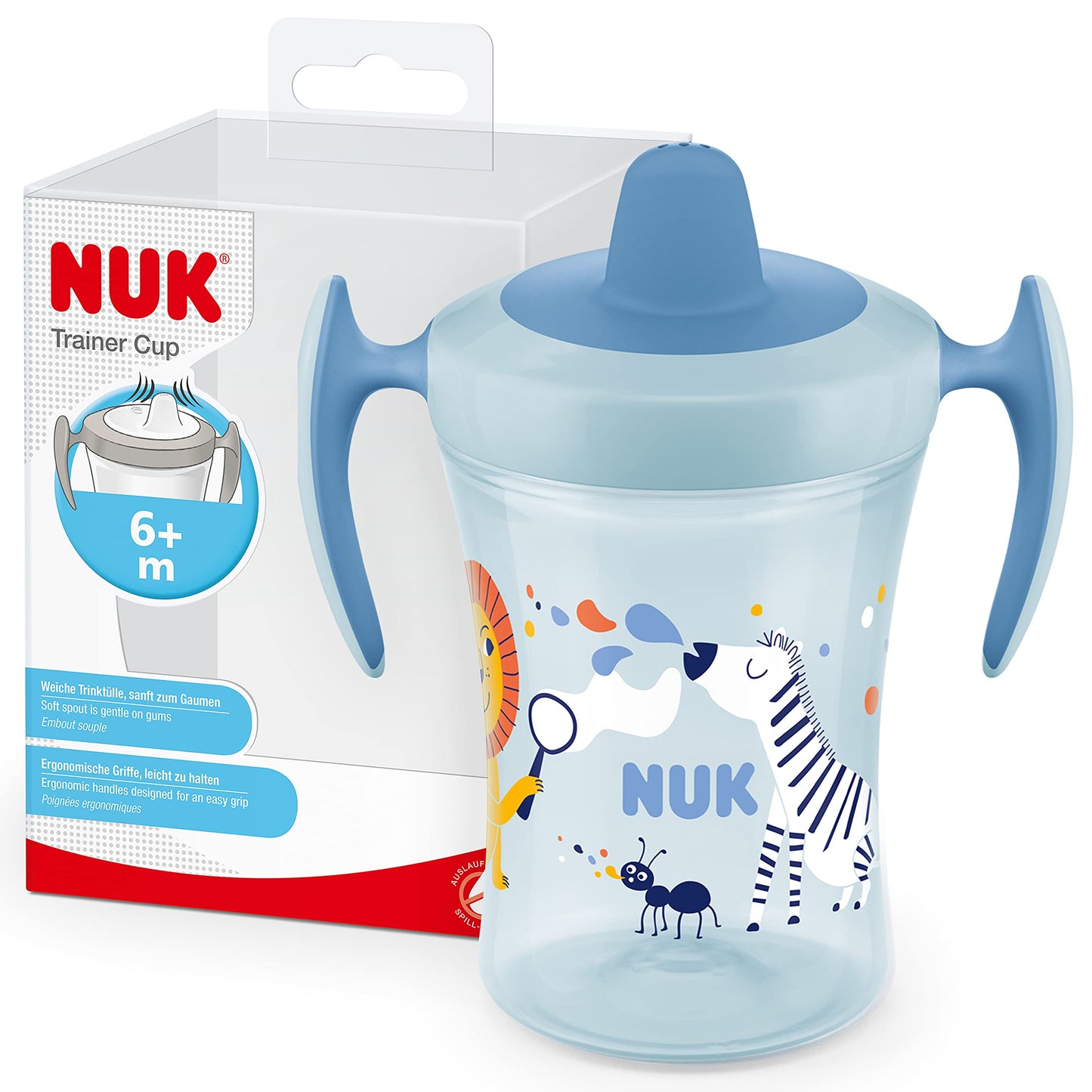 NUK Trainer Cup Sippy Cup | Leak-Proof Soft Drinking Spout | 6+ Months | BPA-Free | 230ml | Blue Zebra (10255608)