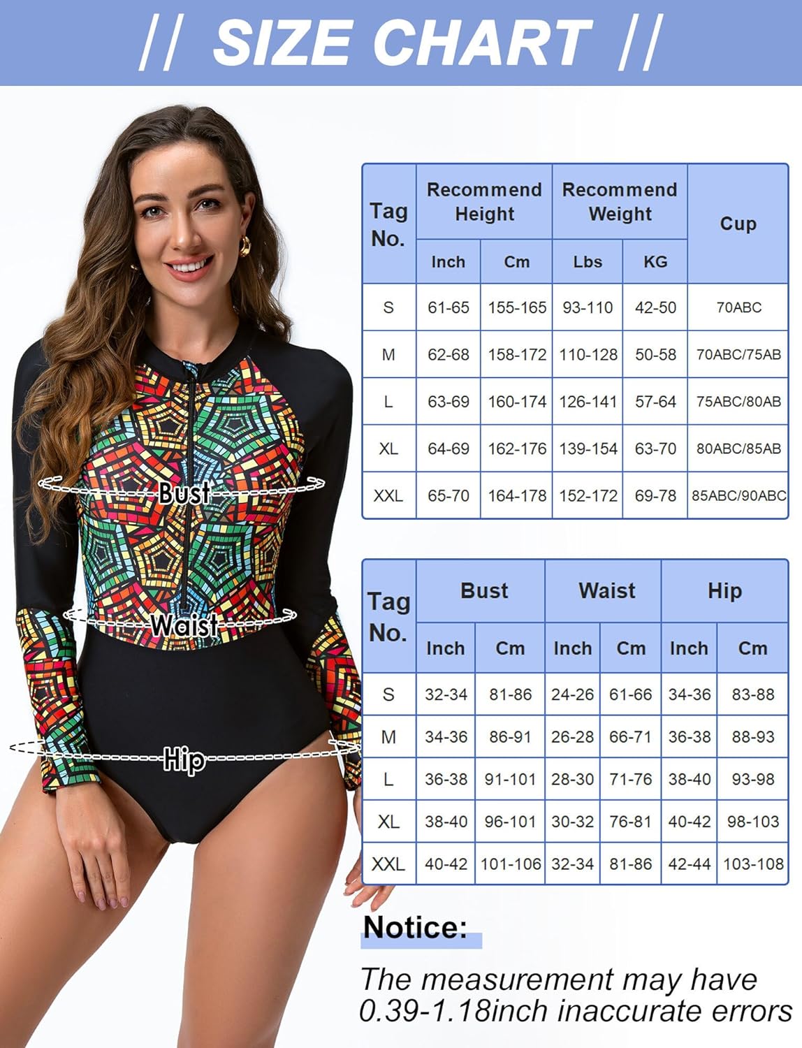 Maeau Women's Long Sleeve Rash Guard UV Protection Zipper Printed Surfing One Piece Swimsuit Bathing Suit