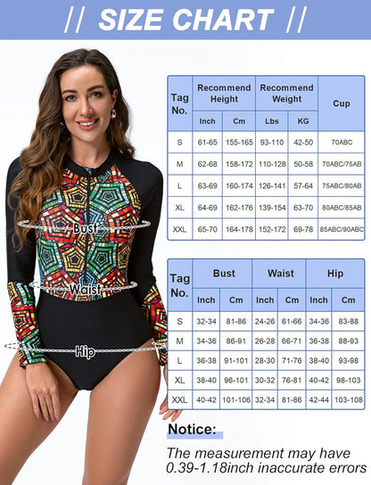 Maeau Women's Long Sleeve Rash Guard UV Protection Zipper Printed Surfing One Piece Swimsuit Bathing Suit