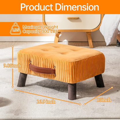 Small foot stool ottoman, Beige PU leather rectangle ottoman footrest, bedside step stool with wood legs, small Rectangular stool, foot rest for couch, small ottoman for desk, living room, bedroom