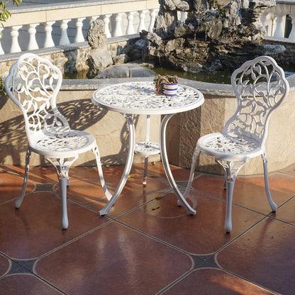 KAI LI Patio Bistro Sets 3 Piece cast Aluminum Patio Furniture Outdoor Garden Metal Rust Proof Tables and Chairs White bisrto Set (Big Tulip-White)