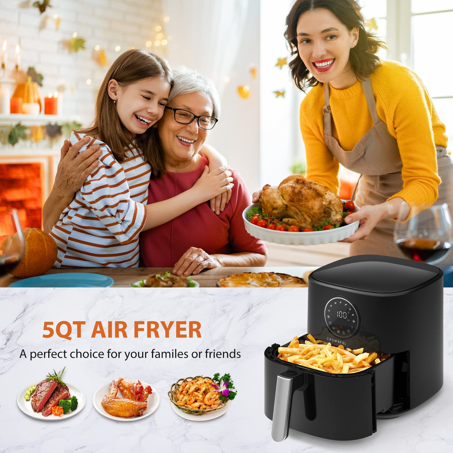 CROWNFUL Air Fryer 4.5L 1500W 220V Air Fryers 7 Presets and 53 Recipes, Temperature & Time Control, LCD Digital Touch Screen, Best for Frying, Grilling, Roasting, Baking, 1 year warranty