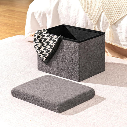 PINPLUS Storage Ottoman Foot Rest Stool, White Folding Sherpa Ottoman, Ottoman with Storage, Teddy Velvet Ottoman for Living Room, Bedroom, Dorm, 16.5" x 12.6" x 12.6"