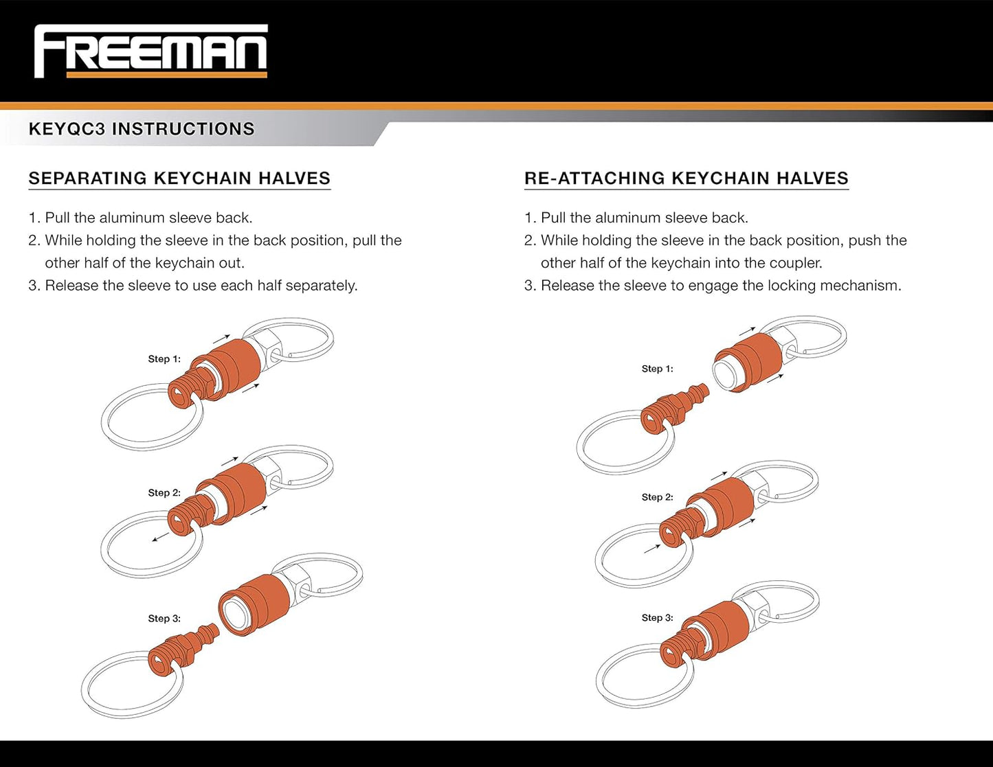 Freeman KEYQC3 Pull Apart Coupler Keychain with 2 Split Rings, 3 Pack,unisex-adult, Orange, Small