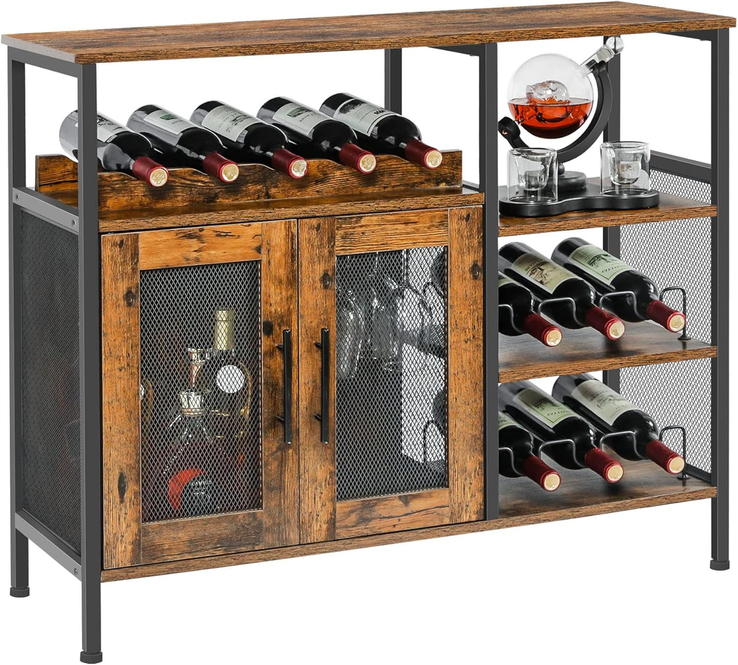 X-cosrack Wine Bar Rack Cabinet with Detachable Wine Rack, Coffee Bar Cabinet with Glass Holder, Small Sideboard and Buffet Cabinet with Mesh Door, Rustic Brown, Large