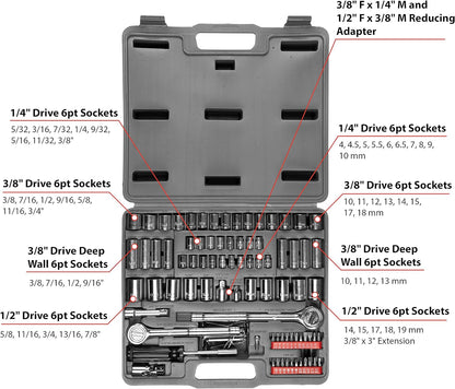 PERFORMANCE TOOL W1198 SAE/Metric 100-Piece Socket (1/4", 3/8" & 1/2" Drive) and Bit Set,Gray, 100pc & Set