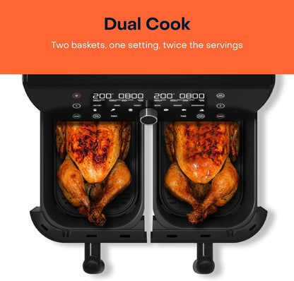 Nutricook Air Fryer Duo 2 by Caliber Brands, 8.5L Independently Controlled Dual Baskets, Air Fry, Bake, Roast, Broil, Reheat & Dehydrate, 6 Presets, AFD185, Black, 2400 Watts, 2 Year Warranty