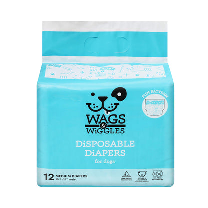 Wags & Wiggles Female Dog Diapers | Doggie Diapers for Female Dogs | Medium Dog Diapers, 16.5"-21" Waist - 12 Pack