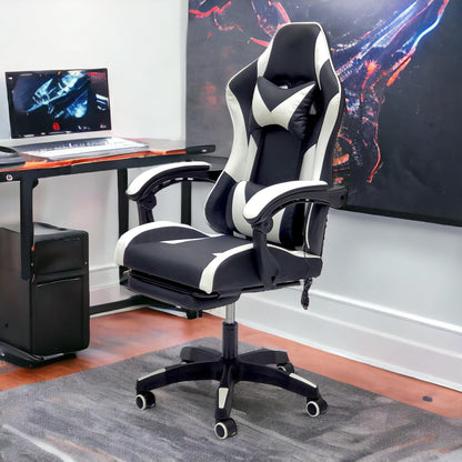 SBF Gaming Chair with Footrest, High Back Leather Office Desk Chair with USB Massager, Adjustable Height, Headrest and Lumbar, Swivel Video Game Chair, Ergonomic Computer Gaming Chair (White Black)