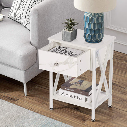 Modern Versatile Nightstands X-Design Side End Table Night Stand Storage Shelf with Bin Drawer for Living Room Bedroom, Marble White