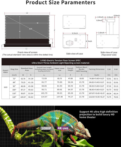 VIVIDSTORM-Projector Screens S PRO 120inch Electric Tension Floor Screen, Portable ALR Movie Theater Compatible Ultra Short Focus Laser Projector,VSDSTUST120H