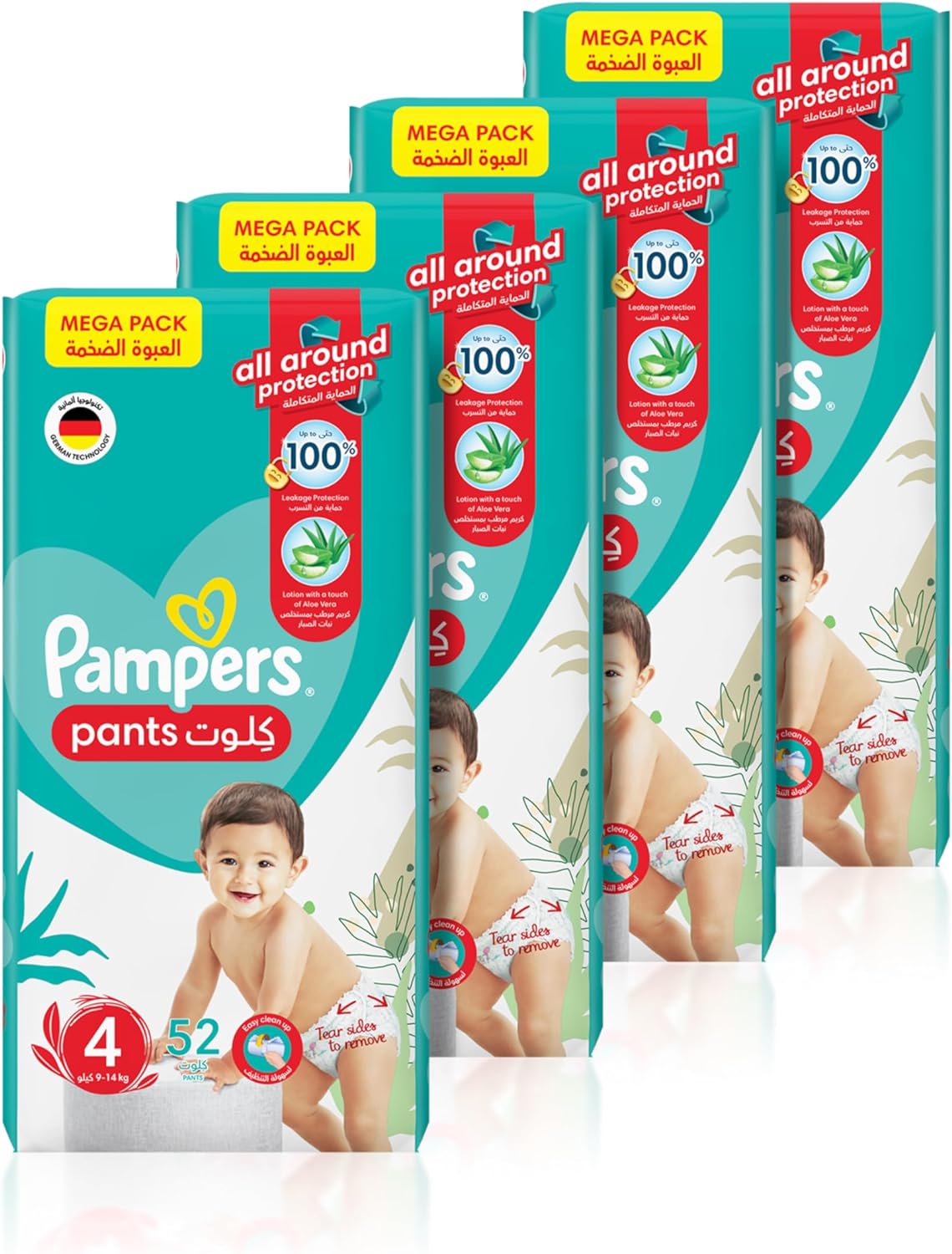 Pampers Baby-Dry Pants Diapers with Aloe Vera Lotion, 360 Fit & up to 100% Leakproof, Size 4, 9-14kg, 4 Mega Packs, 208 Count