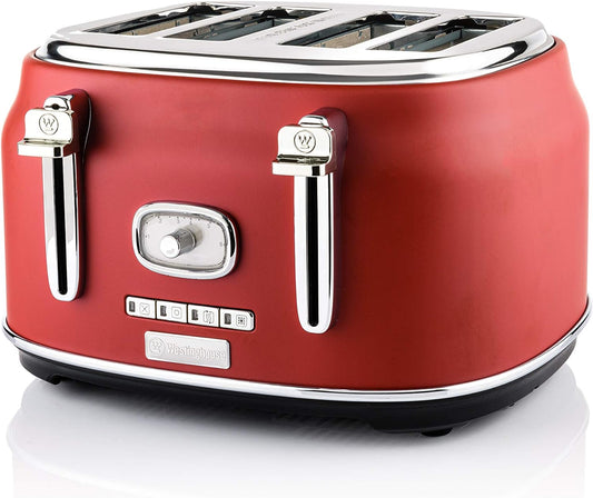 Westinghouse Retro 4-Slice Toaster - Six Adjustable Browning Levels - with Self Centering Function & Crumb Tray - Including Warm Rack for Bread, Bagels, Sandwiches, & Croissants - Red