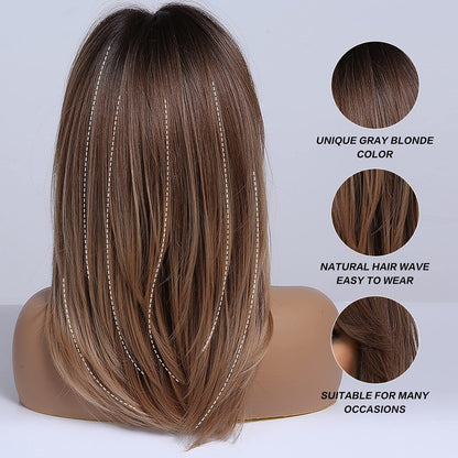 Long Layered Wigs for Women Synthetic Hair Wig with Bangs Ombre Brown to Blonde with Dark Roots for Women Natural As Real Hair Cosplay Daily Party Wig