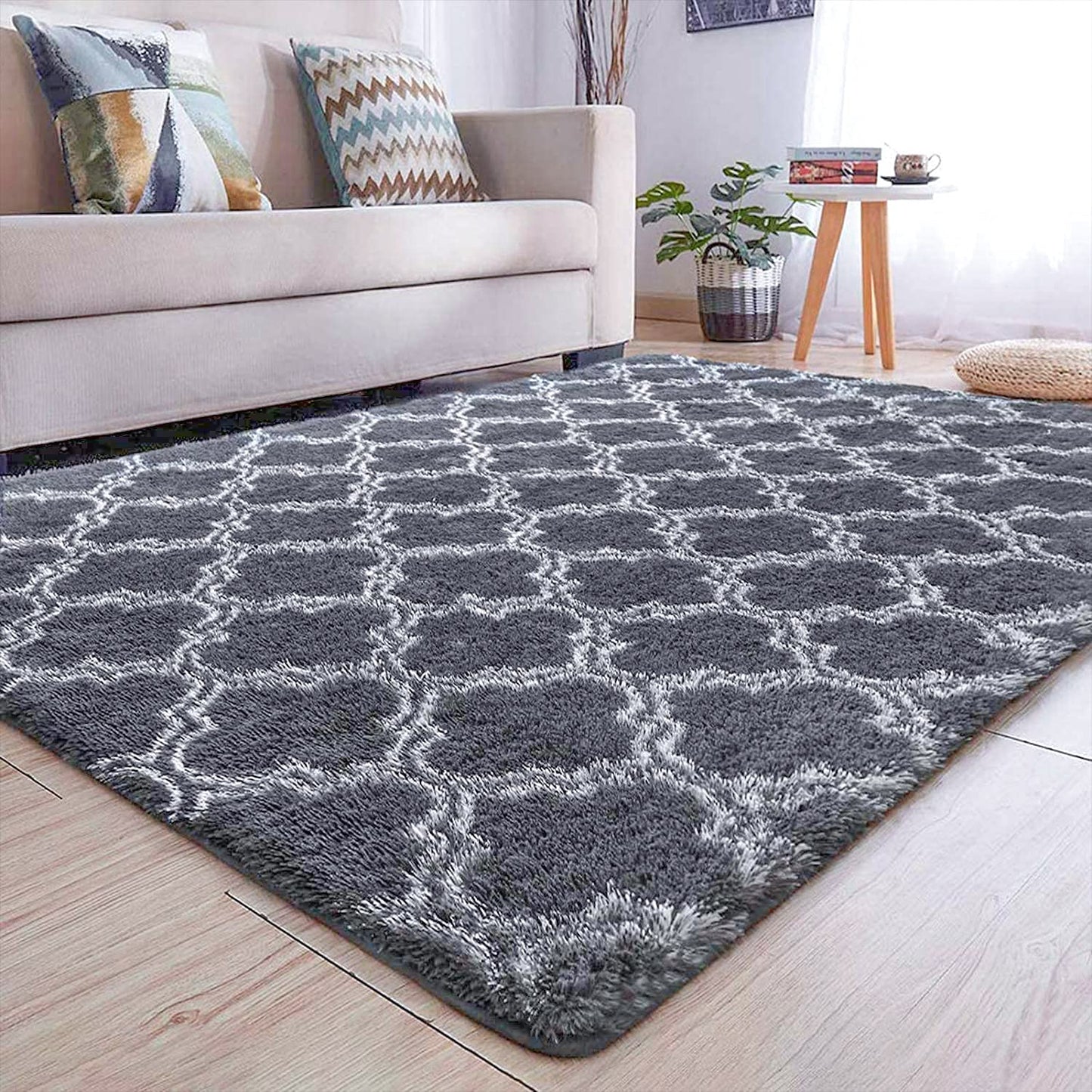 Tinyboy-hbq Area Rugs Shaggy Carpet for Living Room Bedroom Large Fluffy Carpet Modern Non-Slip Mat Multisize Rug Indoor Home Decor (Gray White, 80 x 120 cm)