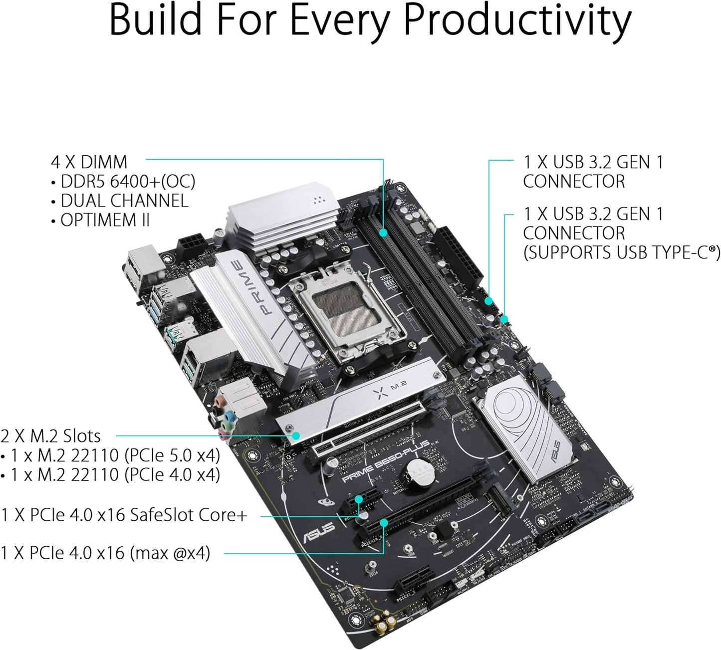 ASUS Prime B650-PLUS AMD B650 (Ryzen 7000) ATX Motherboard, DDR5, PCIe 5.0 M.2,2.5Gb Ethernet, DisplayPort, HDMI, USB 3.2 Gen 2 Type-C, Front USB 3.2 Gen 1 Type-C, BIOS Flashback, USB4 Support - Black