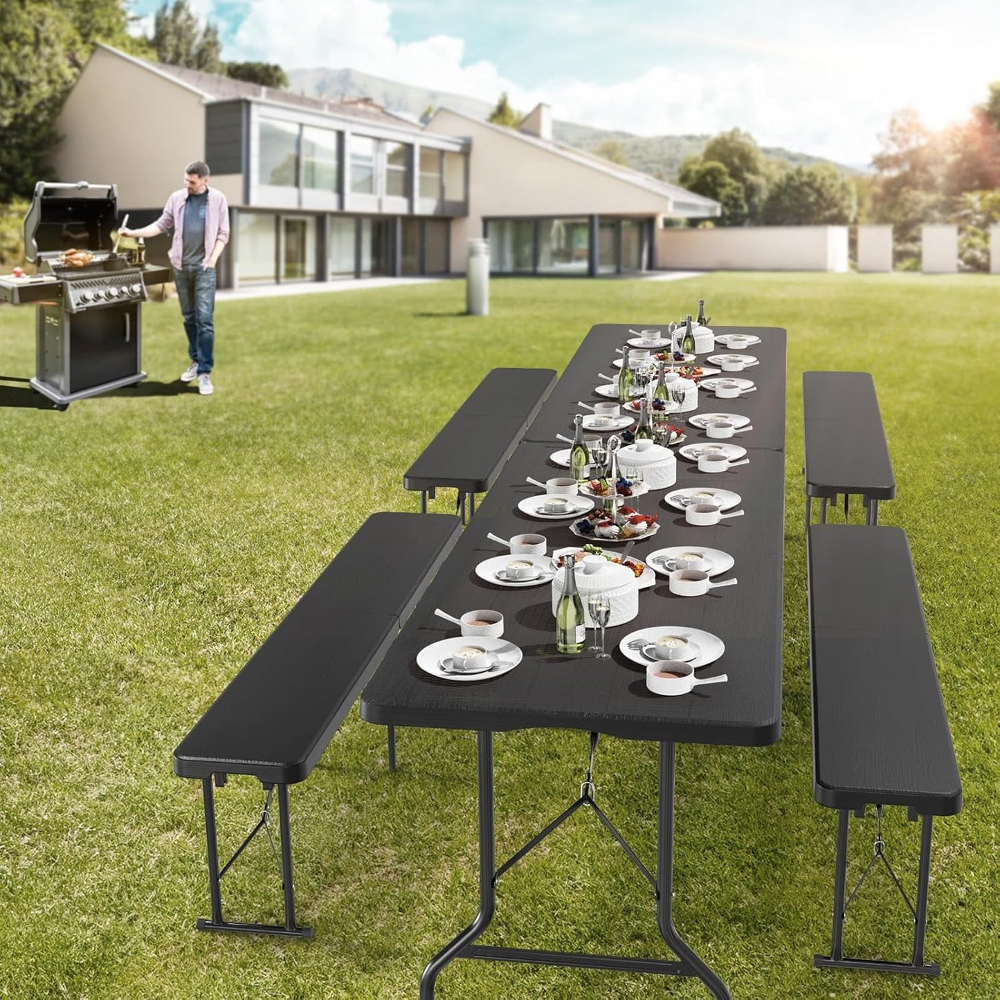 MOMENT [1.8m] Folding Lightweight Trestle Outdoor Camping Table,Heavy Duty Plastic Outdoor Folding Picnic Table,Folding Trestle Table For BBQ Party, Folds in Half with Carry Handle,Black[180×75×75cm]