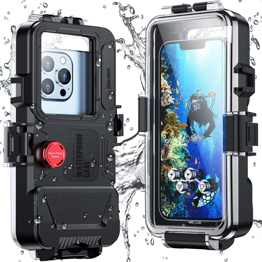 Diving Phone Case Only for iPhone Series, Snorkeling Underwater Case 98FT/30M Photo Video,Waterproof Housing for iPhone 14/Pro/Pro Max/13/12/11 with Lanyard Black - CaveHubs