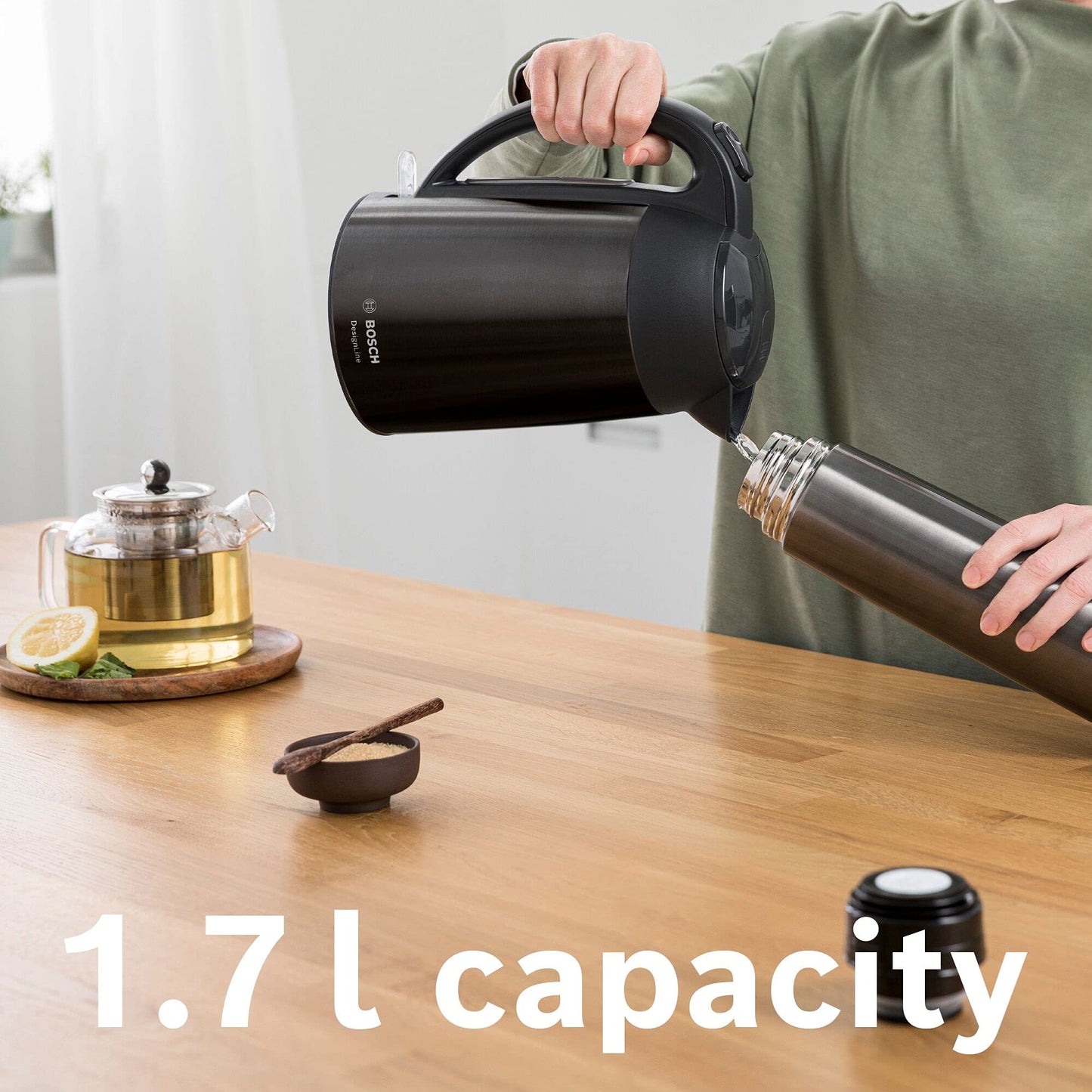 Bosch DesignLine Stainless Steel Cordless Kettle, 1.7 Litres, 3000W - Black, TWK3P423GB, 1 Year Manufacturer Warranty