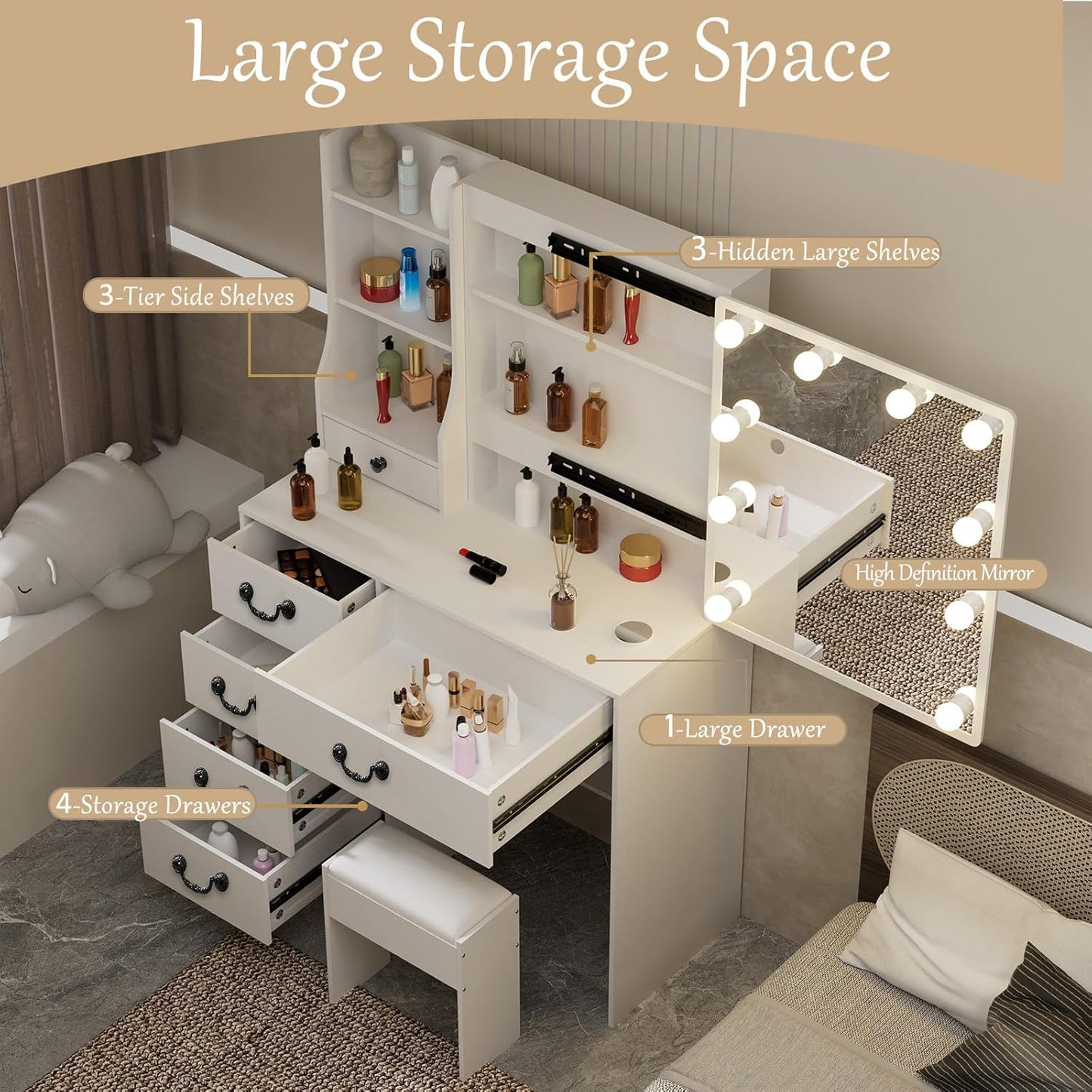 LIANWANG Dressing Table with LED Lighting, 3 Colour Temperatures, Adjustable Brightness, Dressing Table with Mirror for Make-Up, 6 Drawers, 1 Stool, 131 x 80 x 36 cm, White