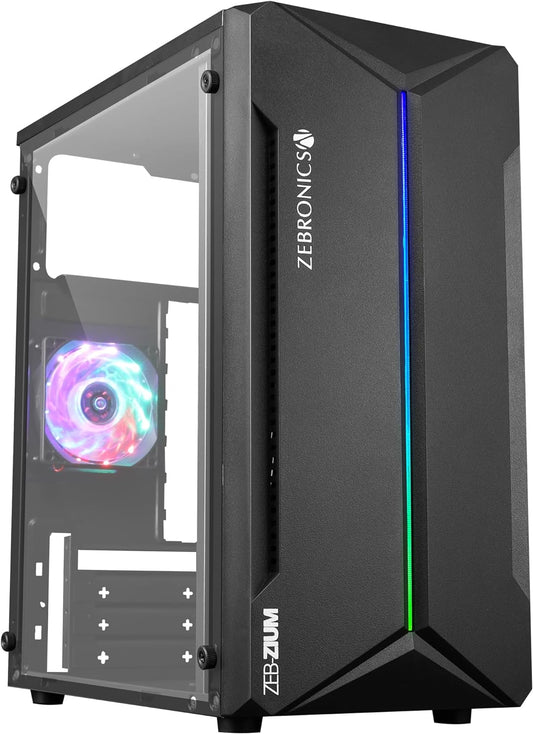 ZEBRONICS ZIUM Mid-Tower Gaming Cabinet, M-ATX/M-ITX, Fins focussed Multicolor Rear Fan, Multi Color LED Strip, Acrylic Glass Side Panel, USB 3.0, USB 2.0