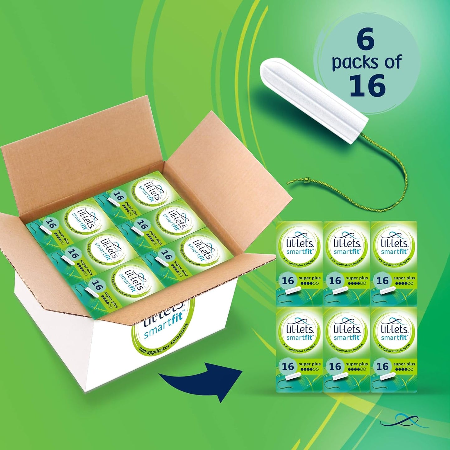 Lil-Lets Non-Applicator Super Plus Tampons X 96 | 6 Packs of 16 | Heavy Flow