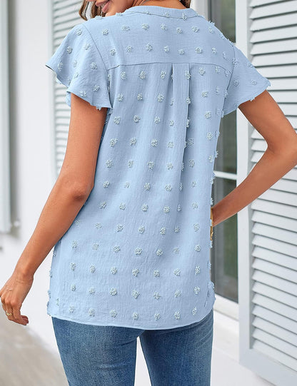 Women Blouse Elegant Casual V Neck Ruffle Short Sleeve Blouse Swiss Dot Flowy Shirt Tunic Top Women Blouse Top Flutter Sleeve Tops For Women Cute Dressy (Blue,L)