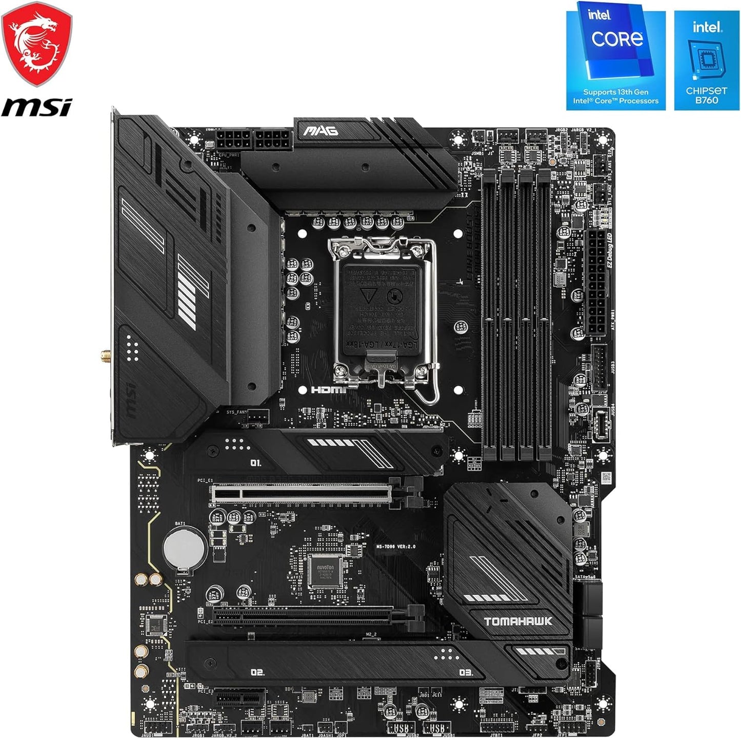 MSI MAG B760 TOMAHAWK WIFI DDR4 LGA1700 ATX Motherboard, Intel B760 Chipset, 4x DDR4, 128GB Max Memory Capacity, Wi-Fi 6E, 2.5Gbps LAN, 2x PCI-E x16, 3x M.2 1x HDMI 1x DP, USB 2.0/3.2 - Black - CaveHubs