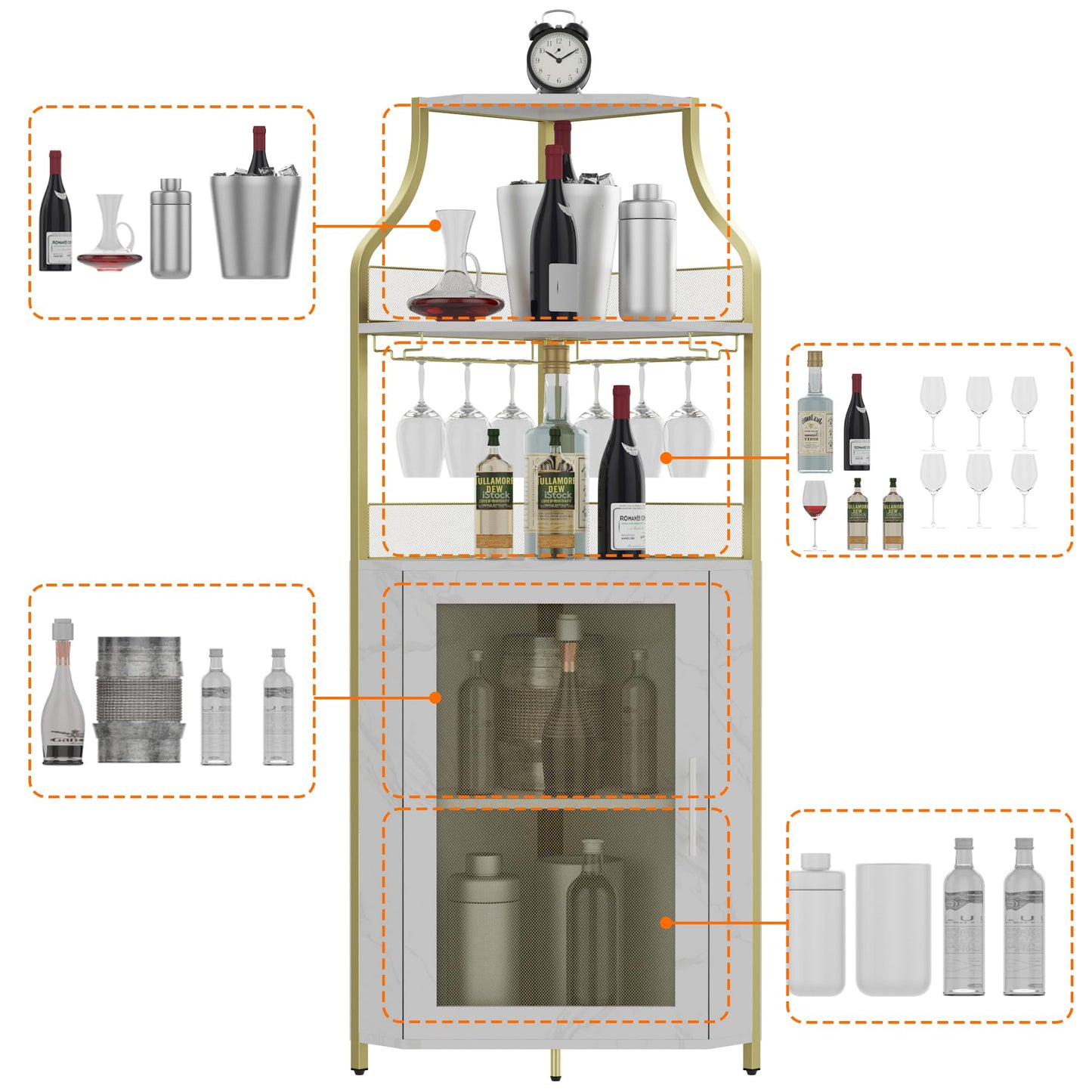 IDEALHOUSE Corner Wine Bar Cabinet with Detachable Wine Rack, Bar Cabinet with Glass Holder, Small Sideboard and Buffet Cabinet with Mesh Door (Grey)