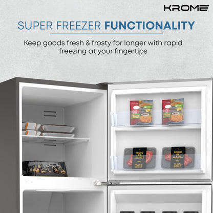 KROME 365L Gross Top Mount Double Door Refrigerator, Automatic Defrost Freezer, Rapid Freezing, A+ Energy, Ample Size with Maximum Capacity, Silver, 10 Year Compressor Warranty-KR-REF 365TS