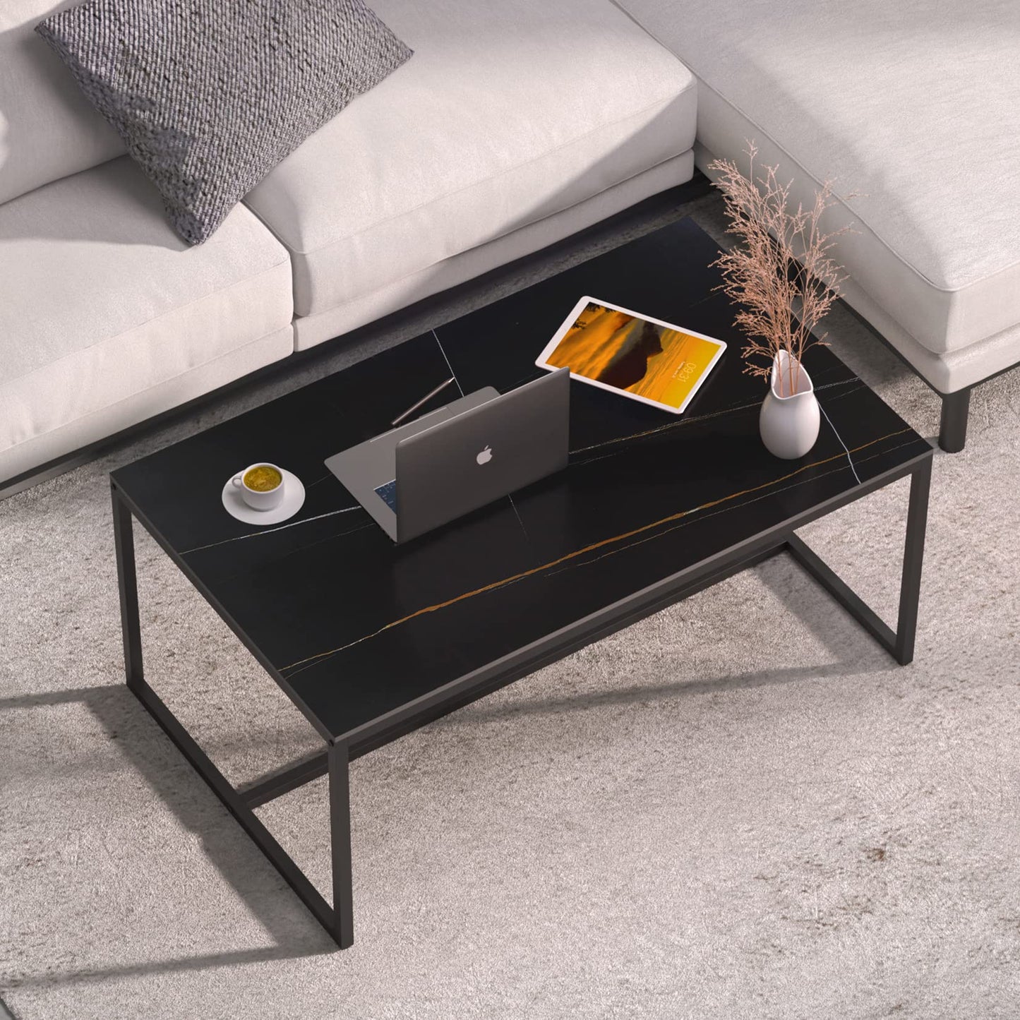 Marble Top Coffee Tables Rectangle: Sintered Stone Large Black Coffee Table Marbles Effect Tabletop with Sturdy Metal Legs Modern Sofa Center Table for Living Room Furniture Decor 100x60x42 CM