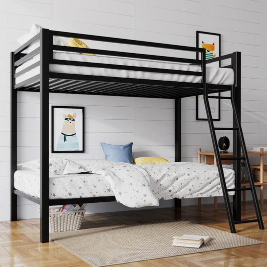 SHA CERLIN Twin Over Twin Metal Bunk Bed for Juniors, Industrial Twin Bunk Beds Frame with Inclined Stairs & Full-Length Guardrail, Space-Saving, Easy Climbing & Assemble, Black