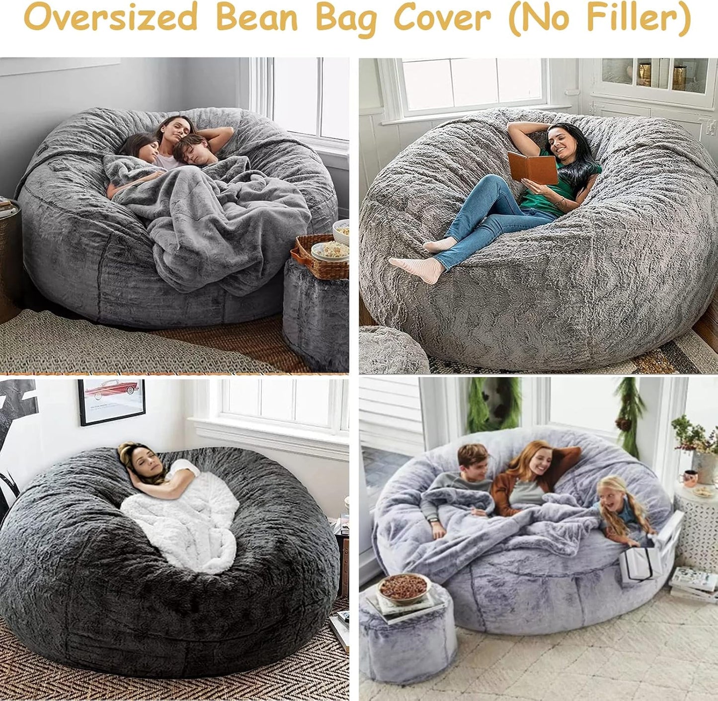 OACEVOZ Giant, Soft Fluffy Fur Bean Bag Chair Cover for Adults (Cover ONLY, NO Filler) 7ft Black Big Bean Bag Bed Oversized Lazy Bean Bag Couch