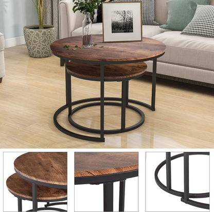 HOJINLINERO Nesting Round Coffee Table Set of 2 End Tables for Living Room,Grey Coffee Table Wooden Accent Furniture with Metal Frame,Stacking Side Tables,Black+Warm Grey