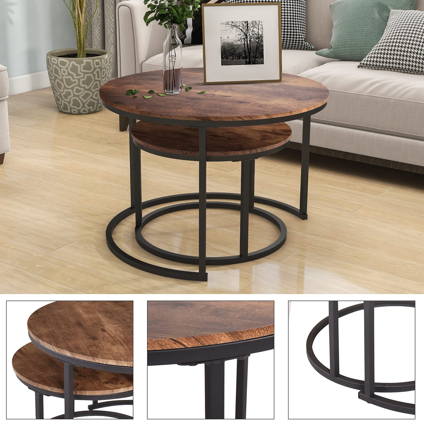 HOJINLINERO Nesting Coffee Table Round Set of 2 End Tables for Living Room,Industrial Stacking Side Tables,Wood Look Accent Furniture with Metal Frame End Table for Bedroom Decorations,Black+Brown