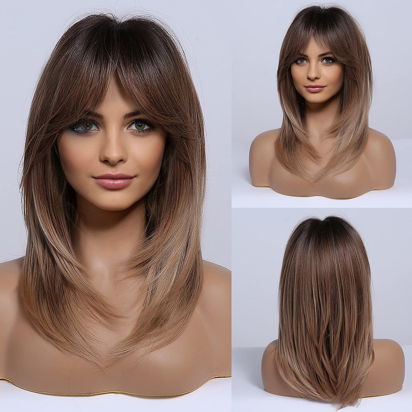 Long Layered Wigs for Women Synthetic Hair Wig with Bangs Ombre Brown to Blonde with Dark Roots for Women Natural As Real Hair Cosplay Daily Party Wig