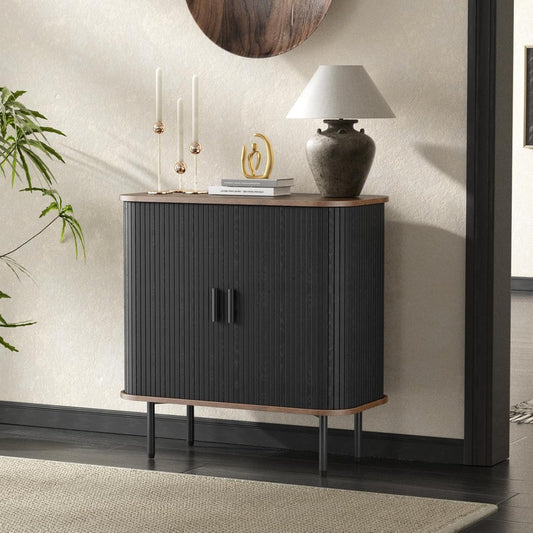 31''W Black Buffet Sideboard Cabinet with Storage, Fluted Storage Cabinet Black with Curvy Edge & Sliding Doors Coffee Bar, Accent Cabinet Credenza Console Table for Living, Kitchen, Hallway